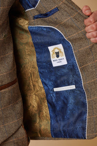 Herre 3-delt sildebensmønster i tweed med brunt ternet jakkesæt, skræddersyet pasform, dobbelt klassisk