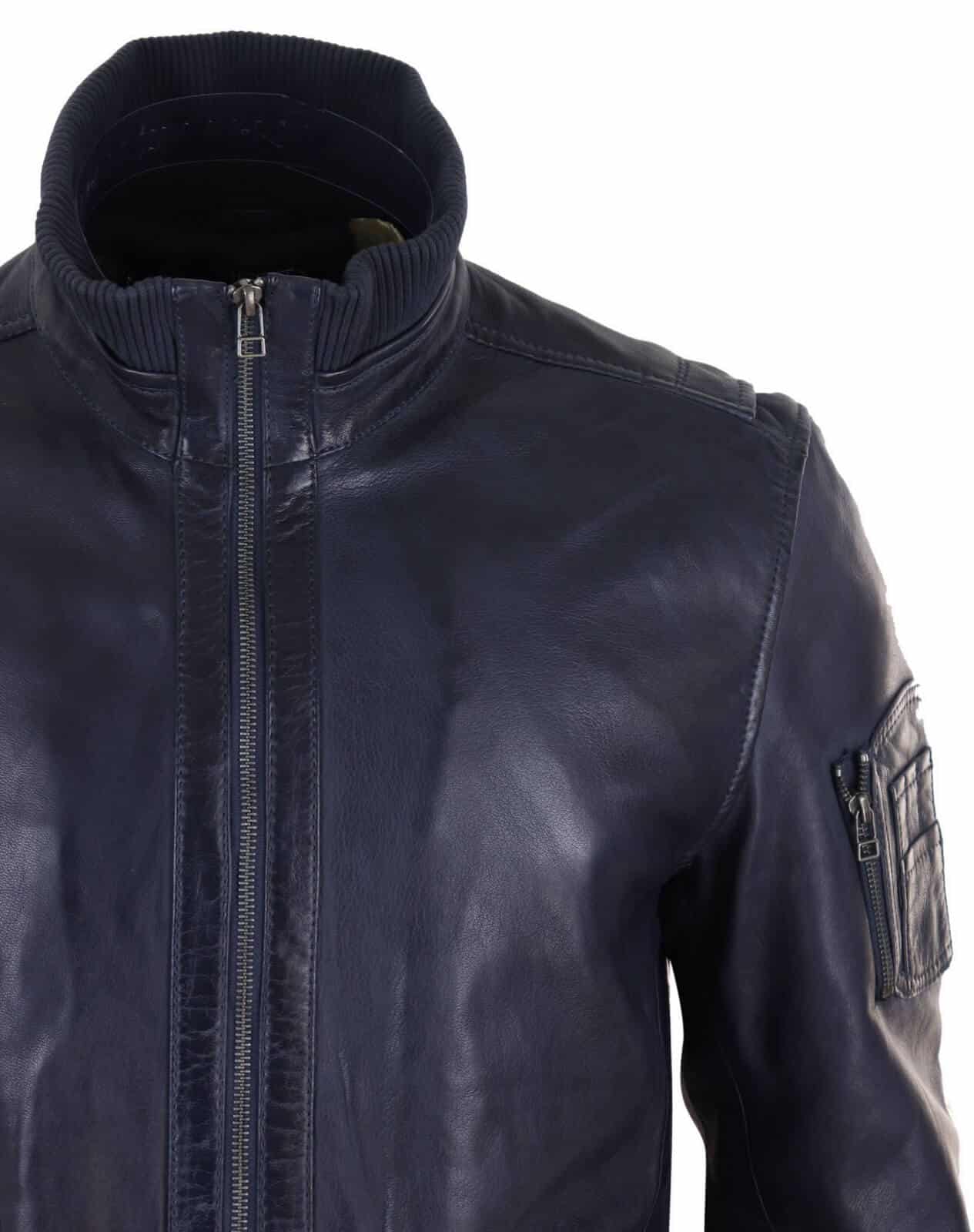 Real Leather Autumn Jacket with High Neck for Mens - Navy Color