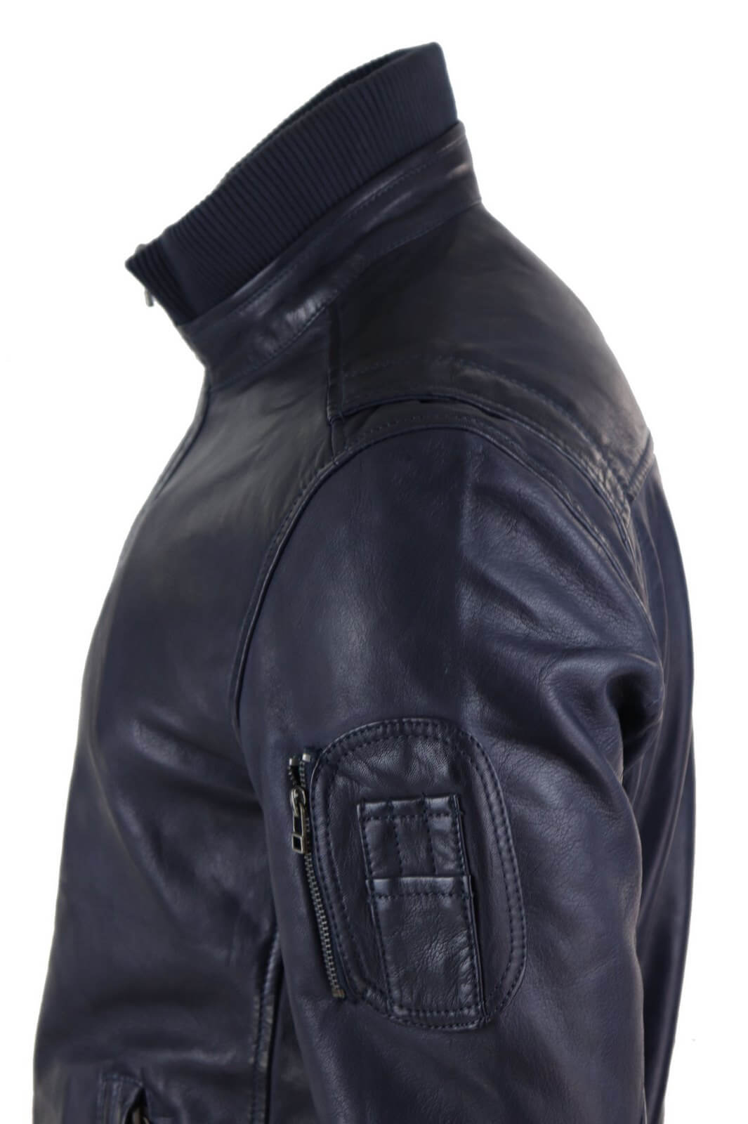 Real Leather Autumn Jacket with High Neck for Mens - Navy Color