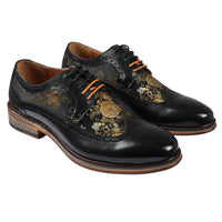 Ross - Men's Floral Print Leather Black Brogue Shoes