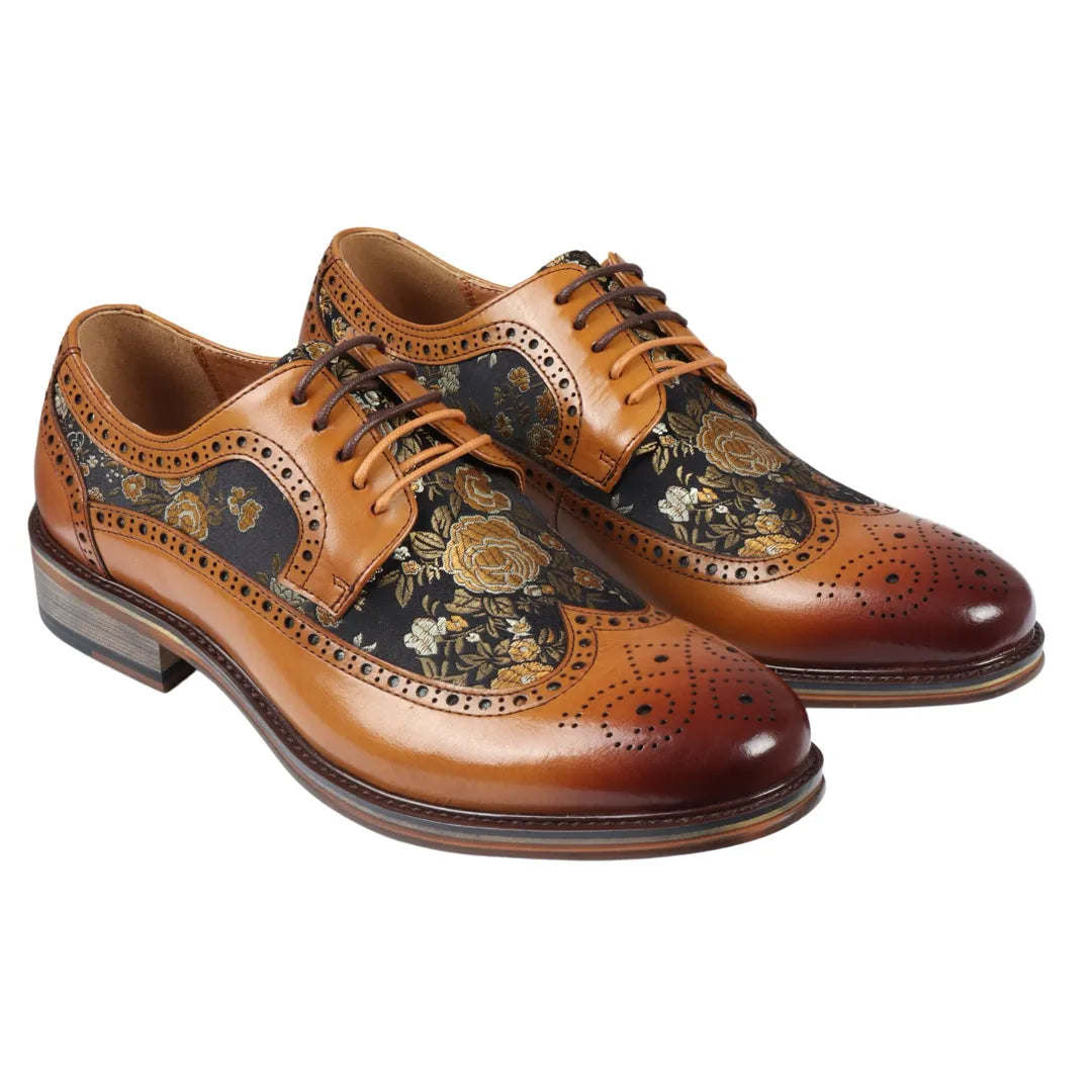 Ross - Men's Floral Print Leather Brown Brogue Shoes