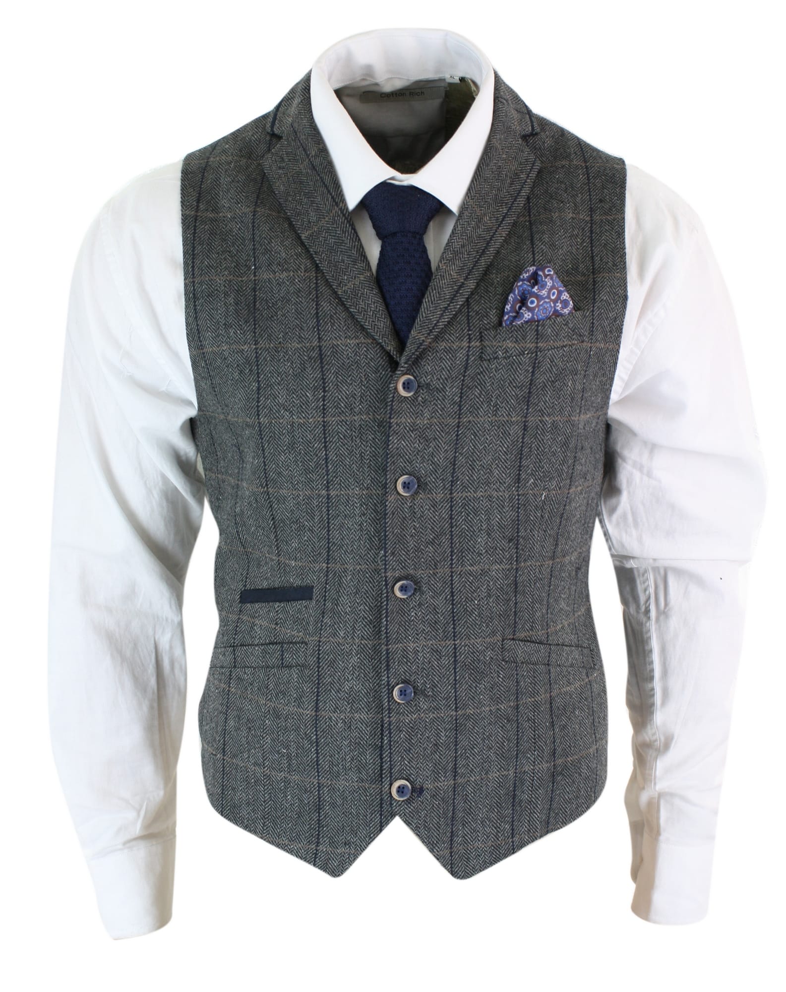 Cavani Albert - Mens Classic Tweed Herringbone Check Brown Grey Slim Fit Vintage Waistcoat Gilet-Charcoal