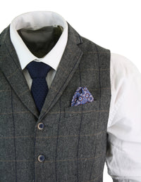 Cavani Albert - Mens Classic Tweed Herringbone Check Brown Grey Slim Fit Vintage Waistcoat Gilet-Charcoal