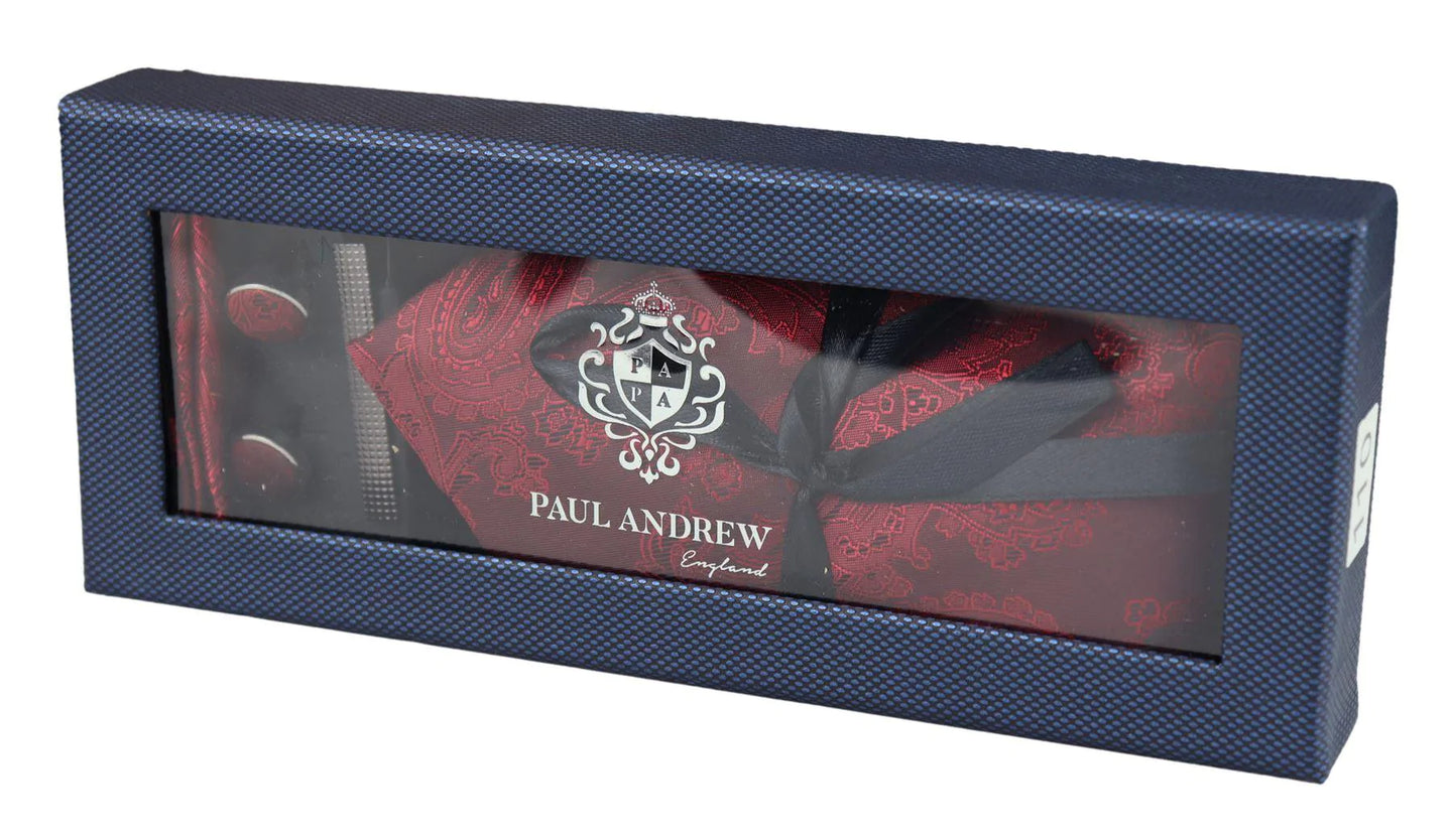 Paisley Neck Red Tie Gift Set Pocket Square Cuff Links Tie Floral Satin