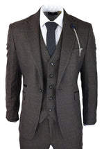 Mens 3 Piece Check Suit Tweed Black Brown Tailored Fit Wedding Peaky Classic