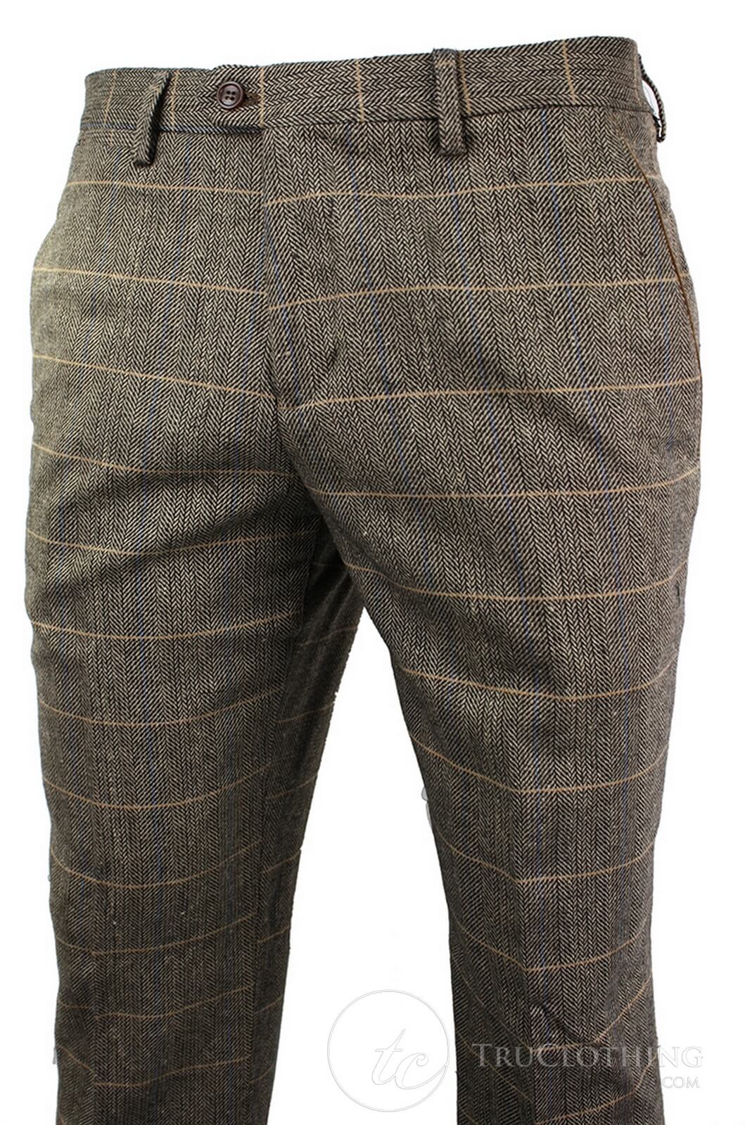 Dx-7 - Men's Tweed Check Trouser Herringbone Tan Brown Regular
