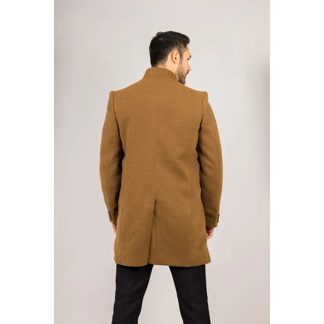 Men's Stand Collar Wool Blend Tan Overcoat