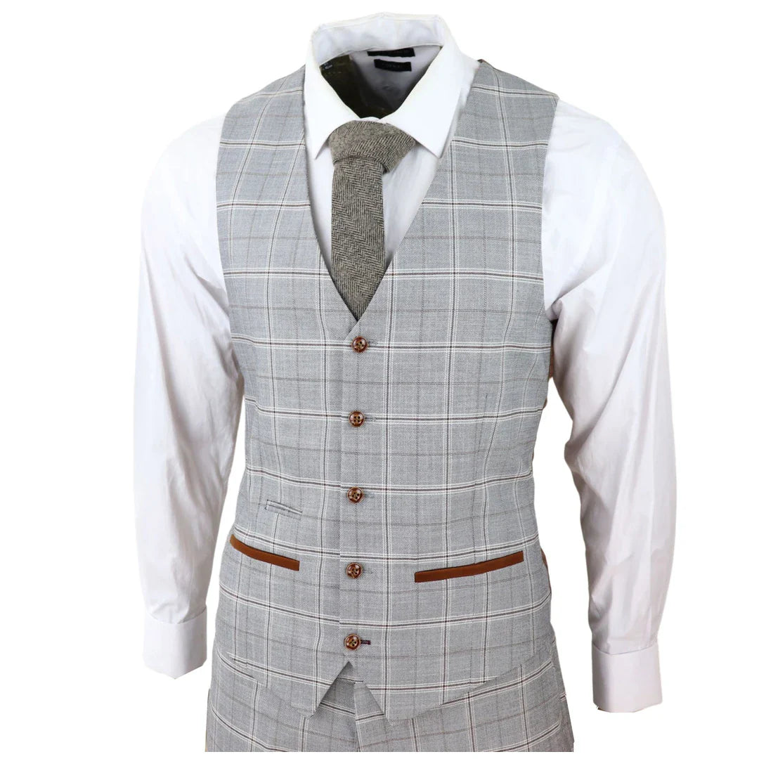 Francis Men's Grey 3-Piece Wedding Suit with Tan Brown Check and Velvet Trim