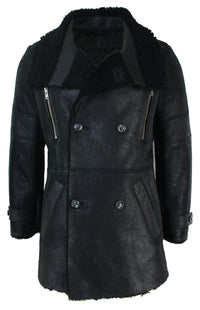 Mens Black 3/4 Military Real Sherling Sheepskin Batman Bane Double Breasted