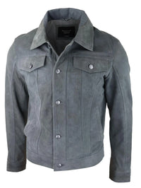 Mens Genuine Suede Jacket Leather Jeans Denim Short Mens Biker Classic Vintage Grey