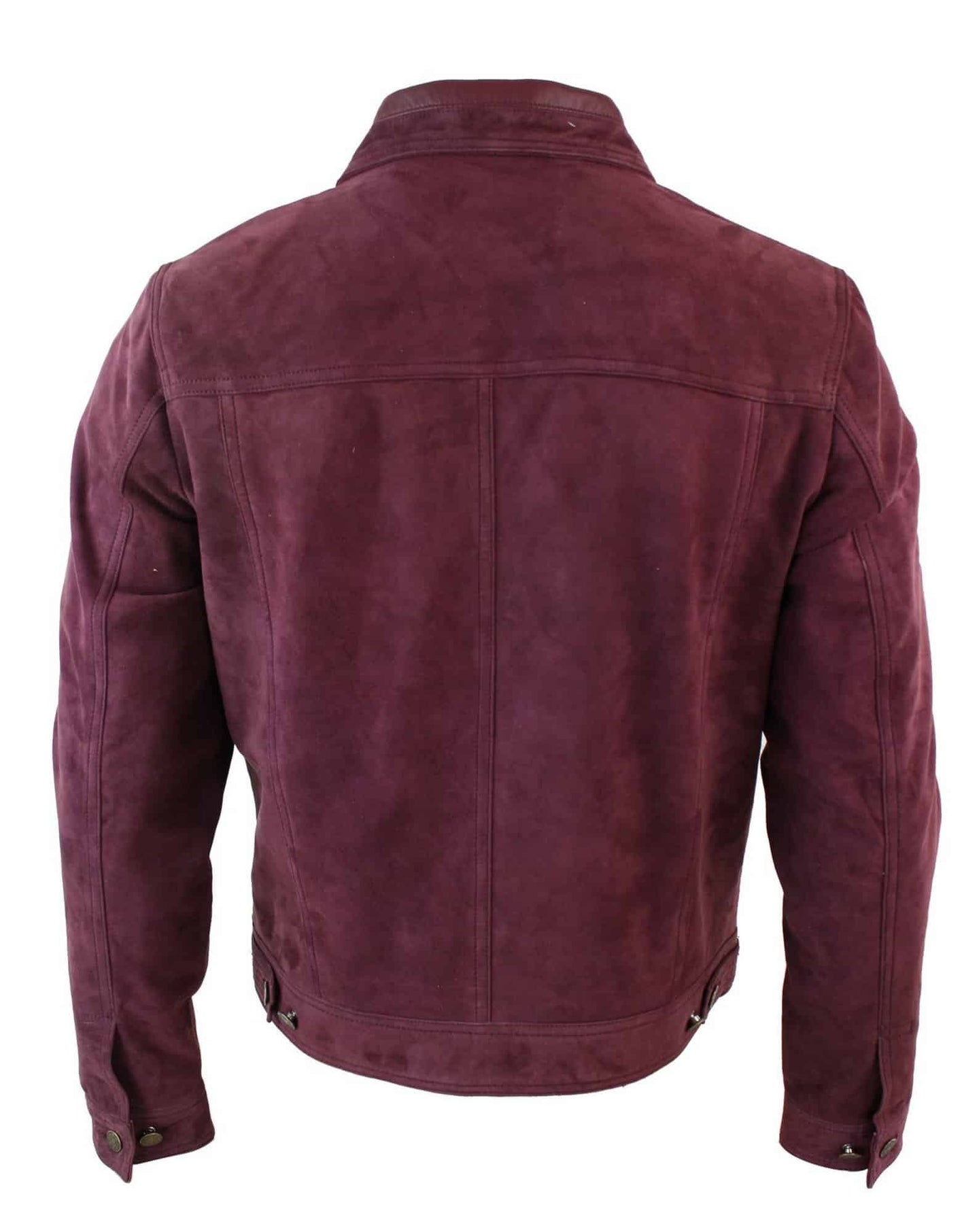 Real Suede Leather Mens Vintage Short Denim Style Retro Jean Jacket Casual - Burgundy Color