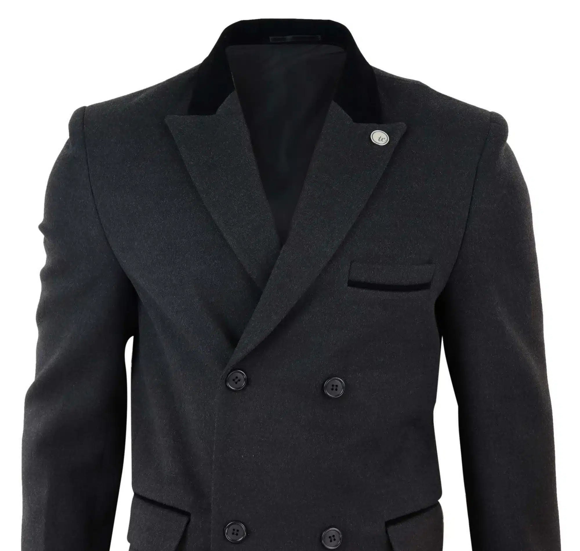 Mens 3/4 Long Double Breasted Charcoal Overcoat
