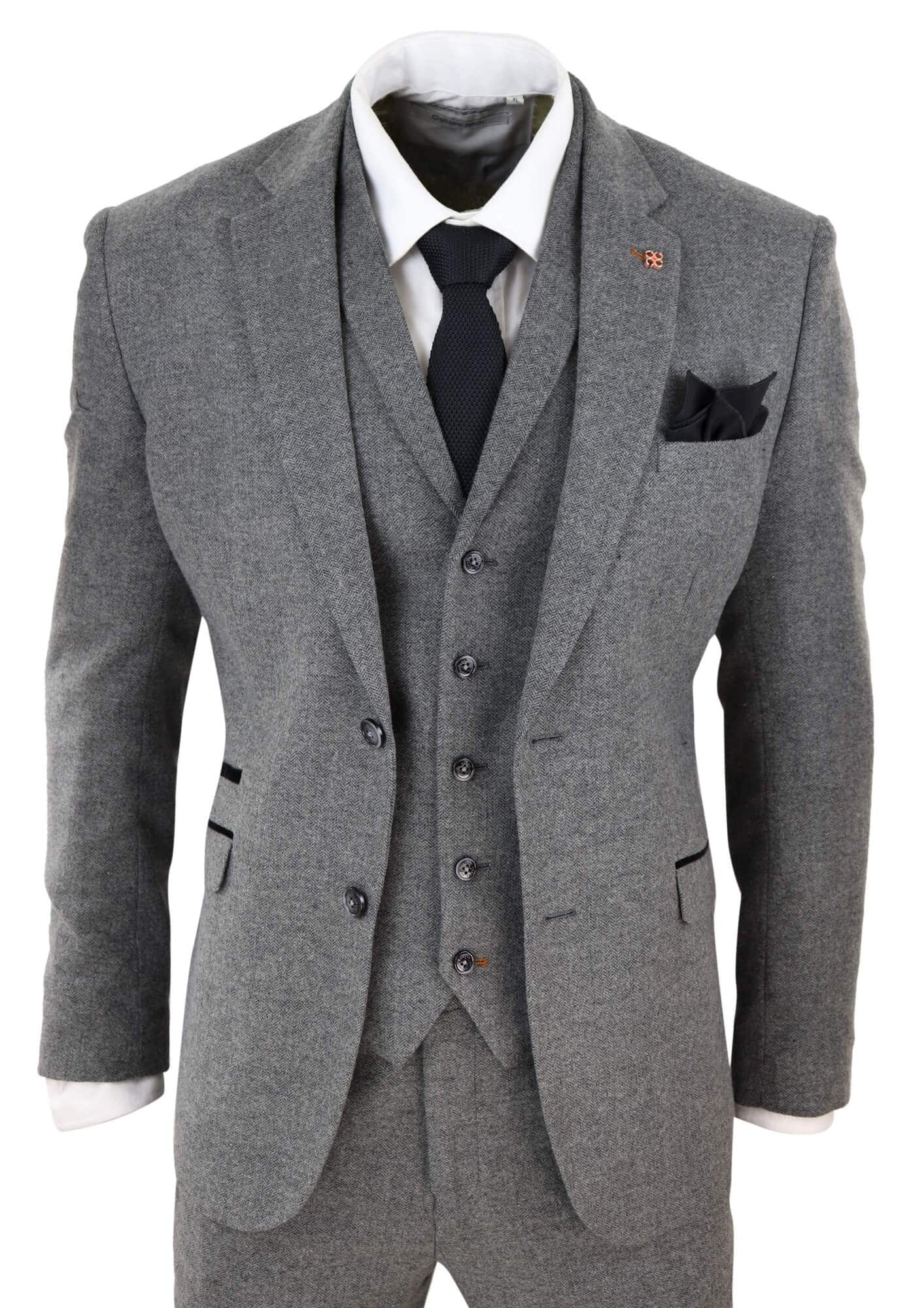 Mens Dark Grey Herringbone Tweed 3 Piece Suit