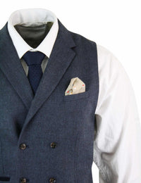 Cavani Martez - Mens Herringbone Tweed Gatsby Peaky Blinders Classic Double Breasted Waistcoat - Blue