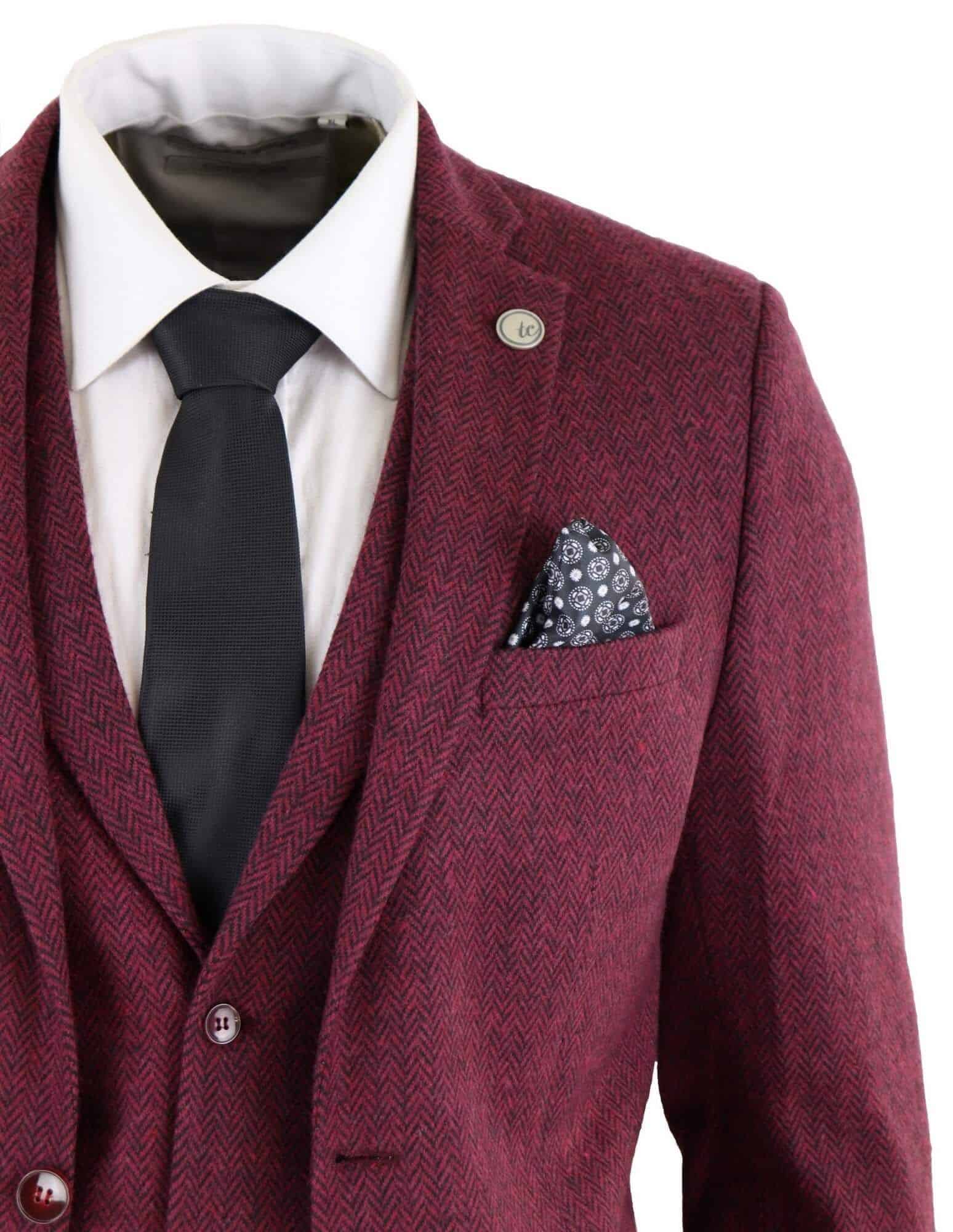 Men's Herringbone Wine Maroon 3 Piece Tweed Suit - STZ11