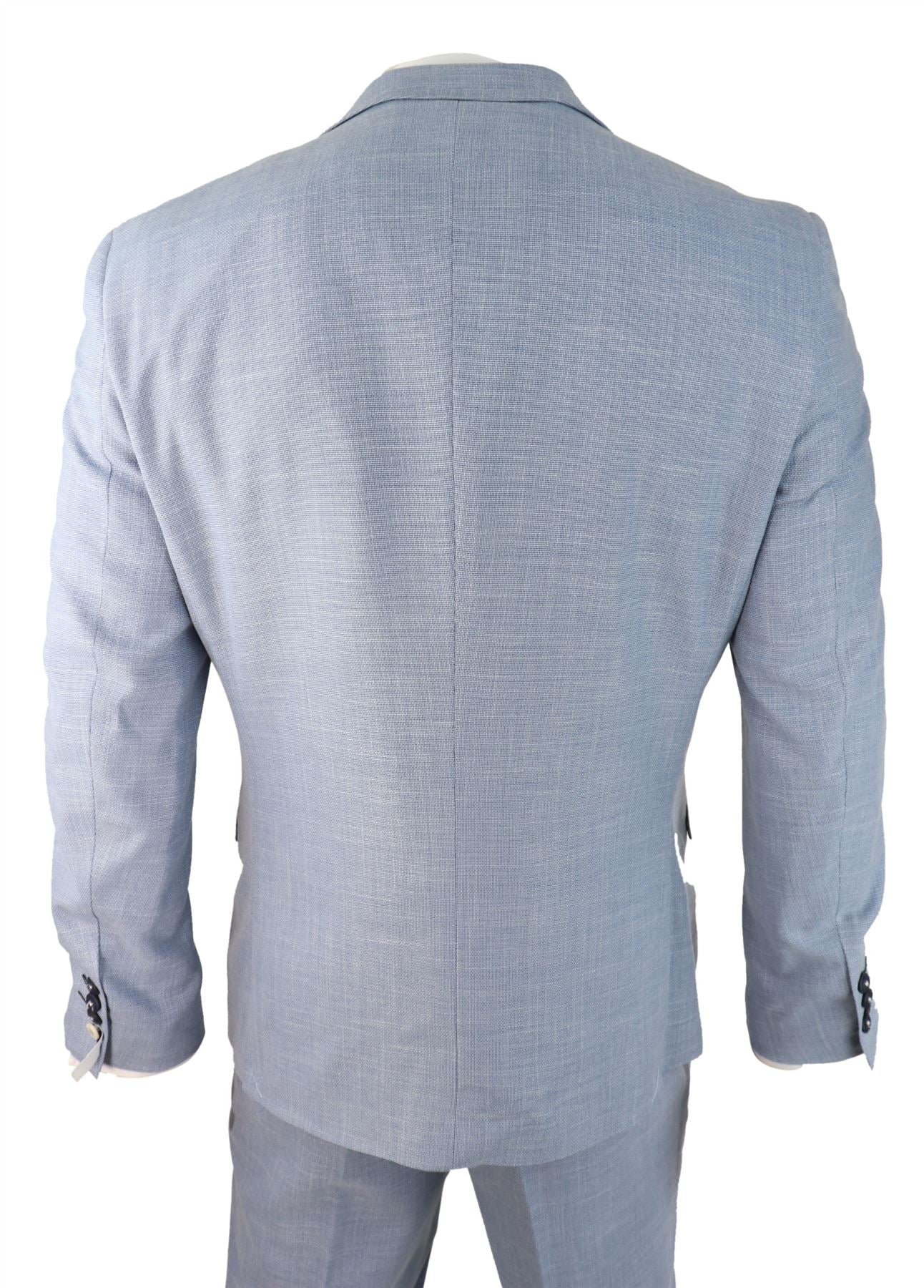 Mens 3 Piece Suit Light Blue Summer Linen Tailored Fit Wedding Prom Classic