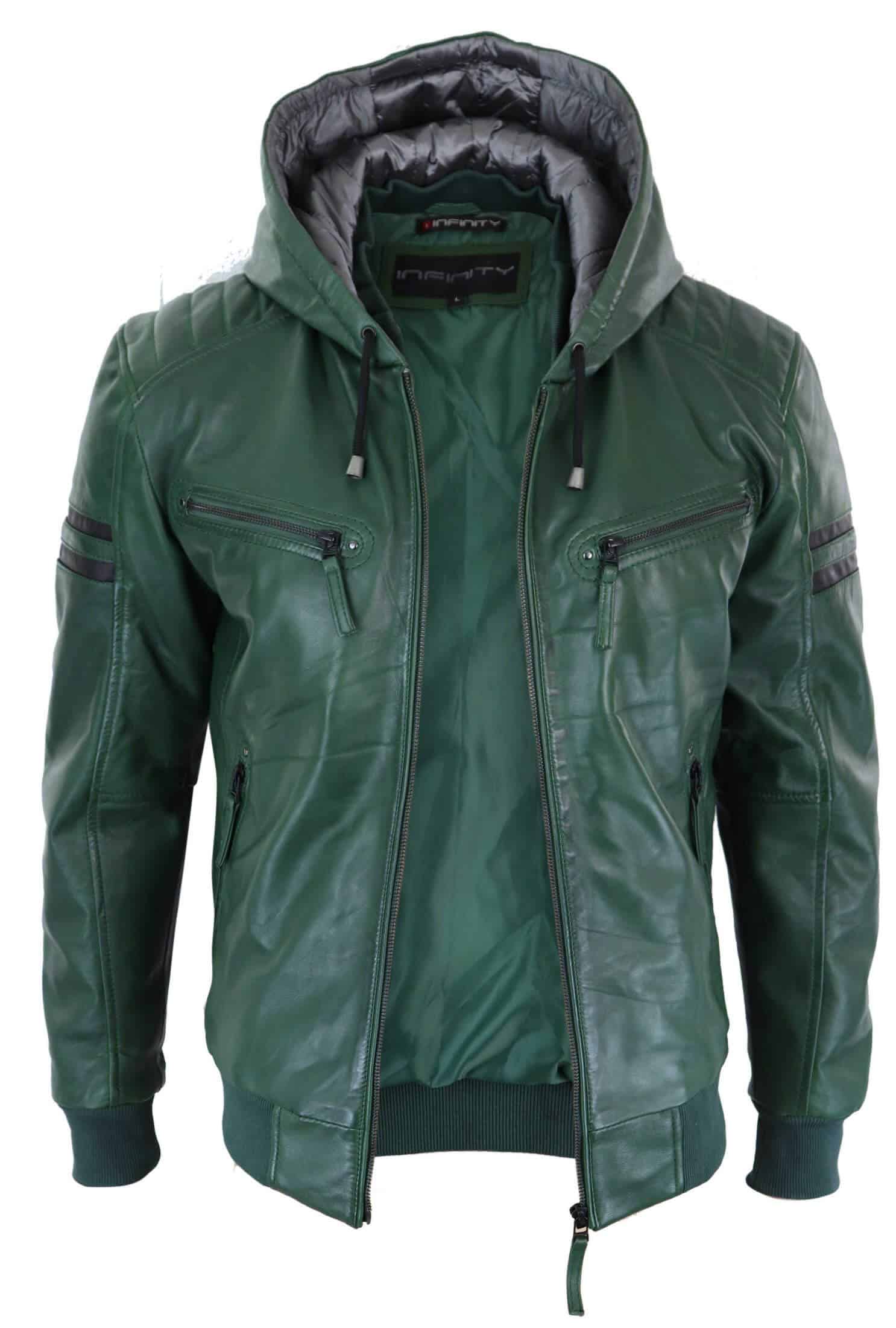 Men's Real Leather Bomber Jacket with Hood-Green