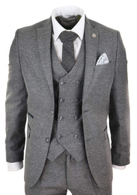 Mens 3 Piece Grey Suit with Double Breasted Waistcoat