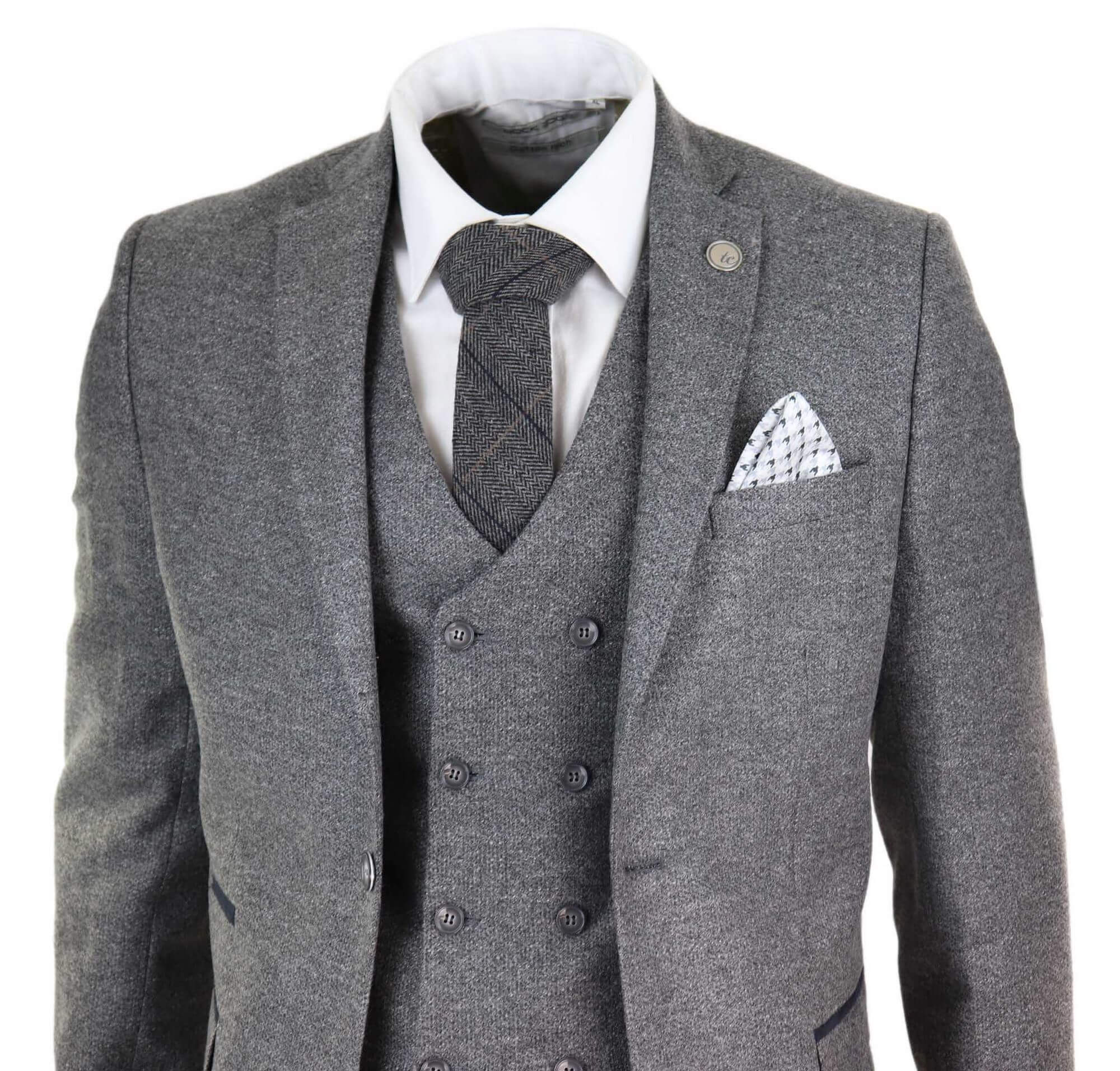 Mens 3 Piece Grey Suit with Double Breasted Waistcoat