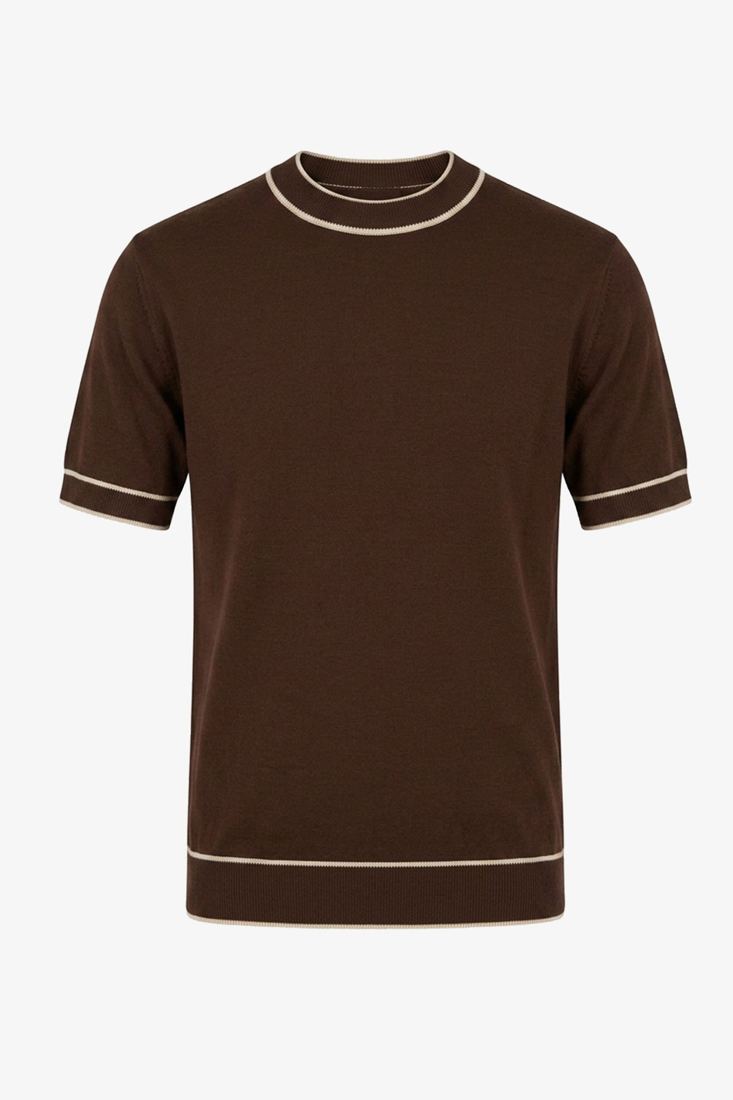 Herre brun strikket T-shirt med normal pasform og rund hals, kontrastkant