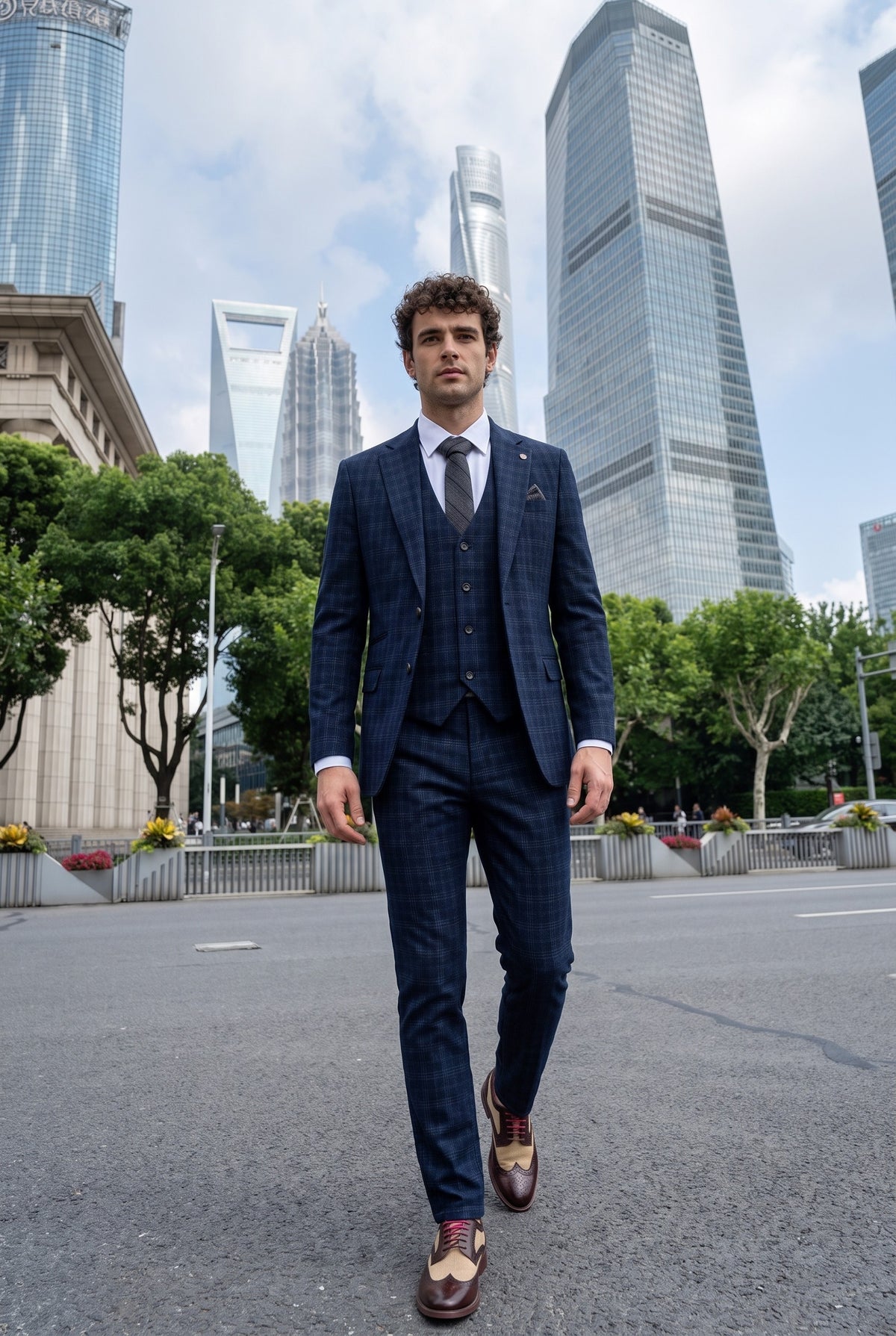 Look #570 styled with Marcos - Herre marineblåt ternet slim fit 3-delt jakkesæt