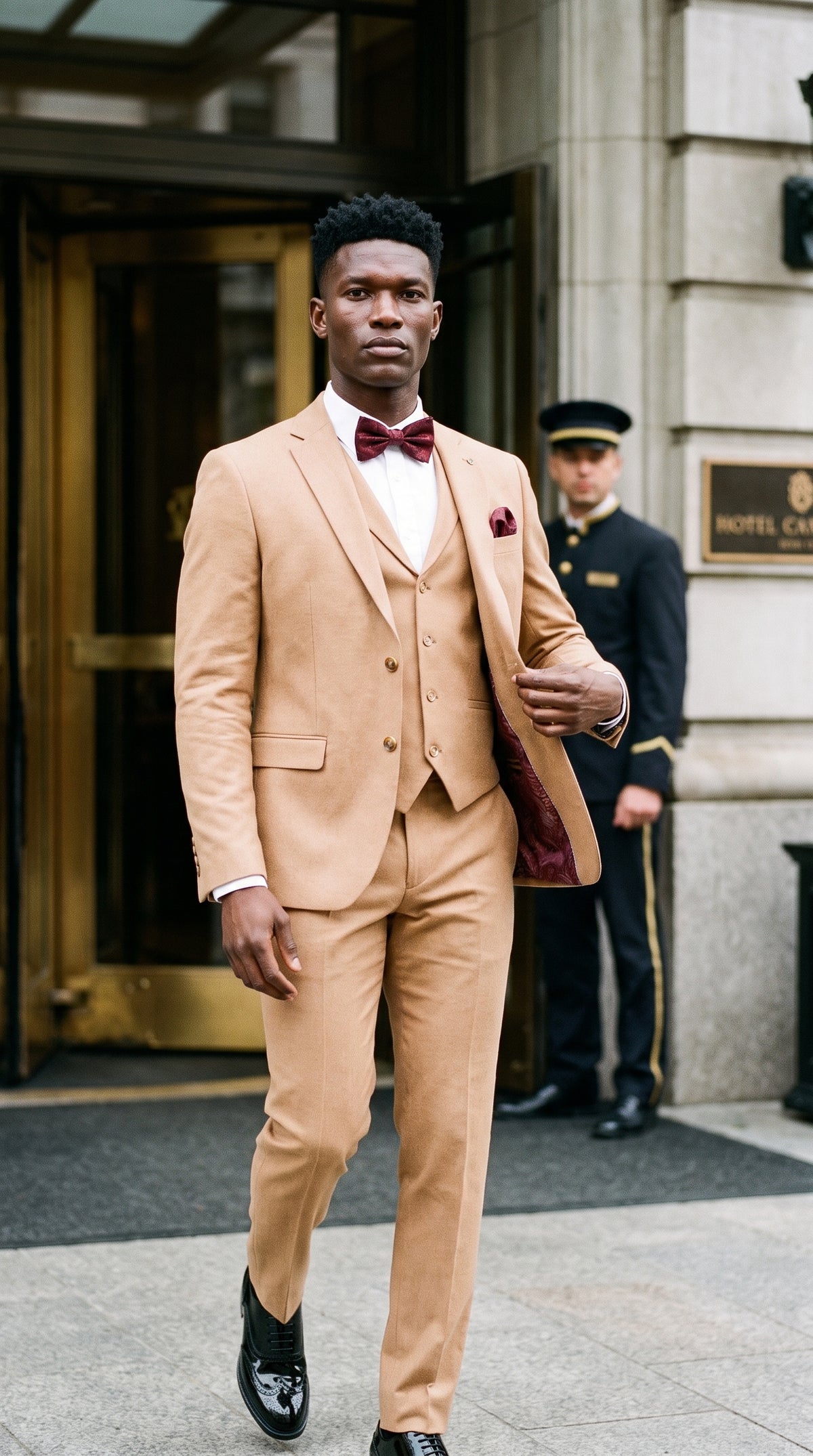 Look #644 styled with TP-23 - Herre kamelfarvet 3-delt sommerbryllupsdragt i hør