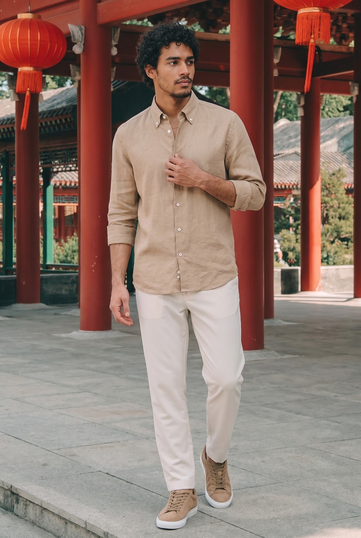 Look #890 styled with Herre kamelbrun skjorte i ren hør med lange ærmer og knaplukning til sommer