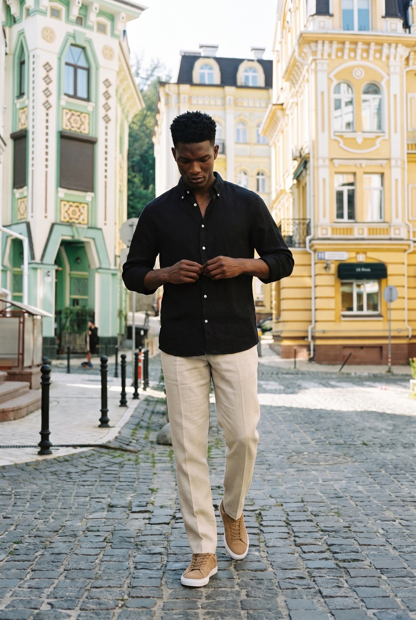 Look #1015 styled with Herreskjorte i ren hør, langærmet, sommerskjorte med knapper