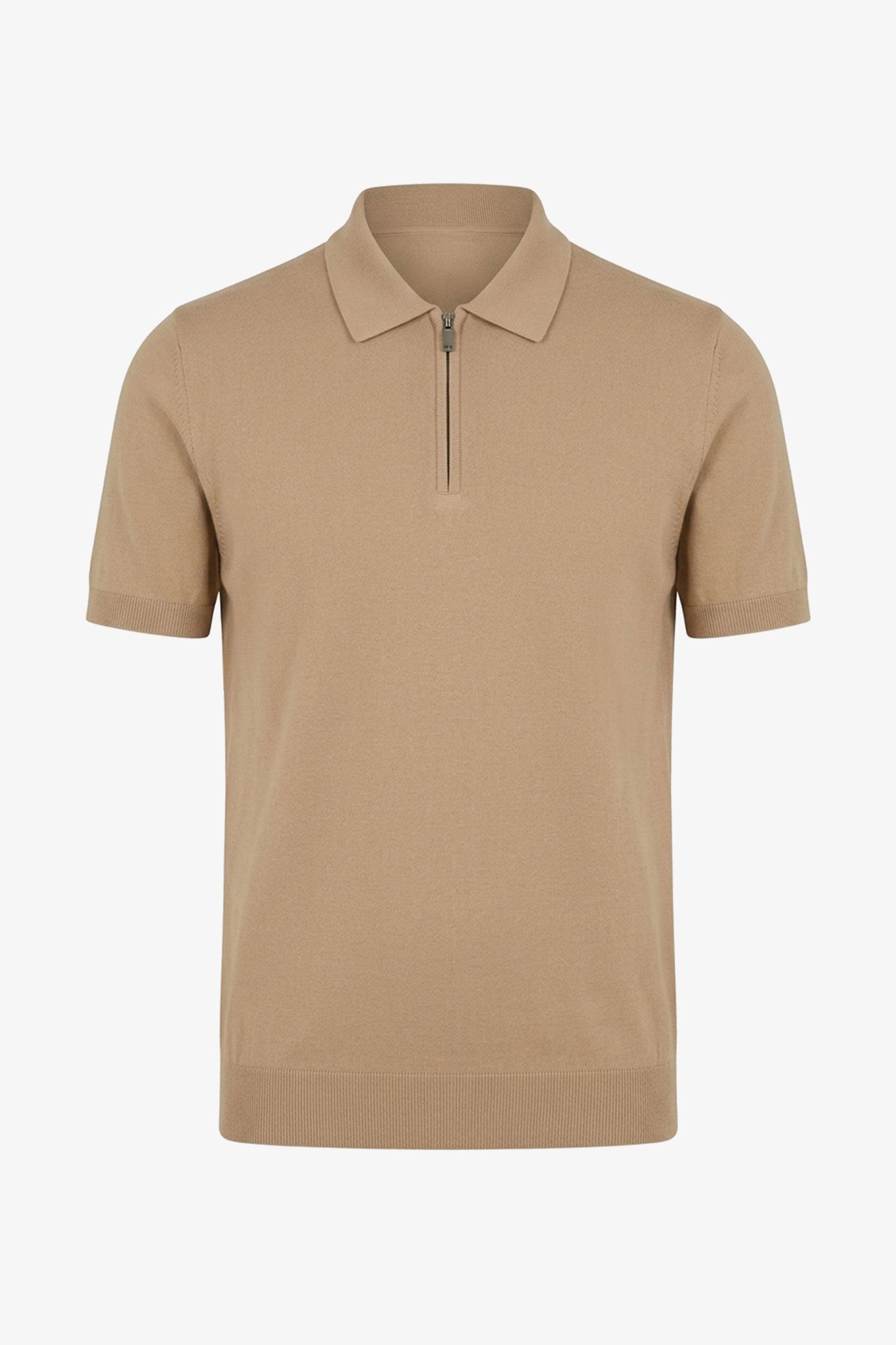 Beige strikket poloshirt med lynlås til mænd