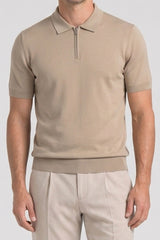 Beige strikket poloshirt med lynlås til mænd