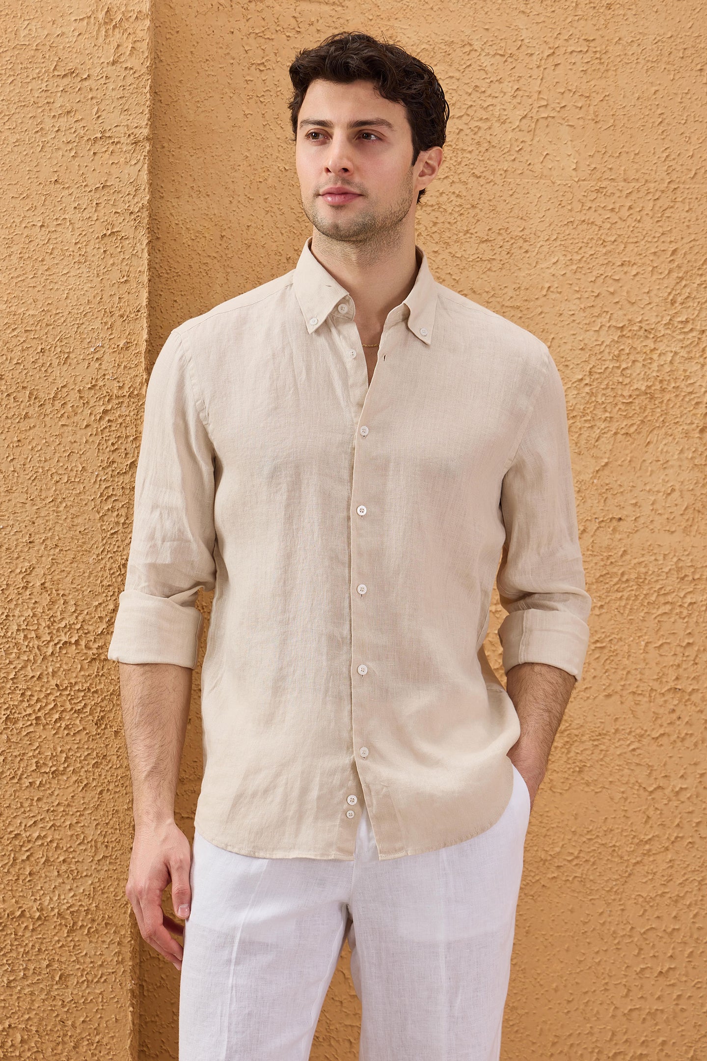 Herre Beige Hørskjorte Langærmet Sommerskjorte med Knapper
