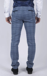 Mens Marc Darcy Light Blue Navy Check Trousers Smart Casual Tweed Slim Fit Clinton