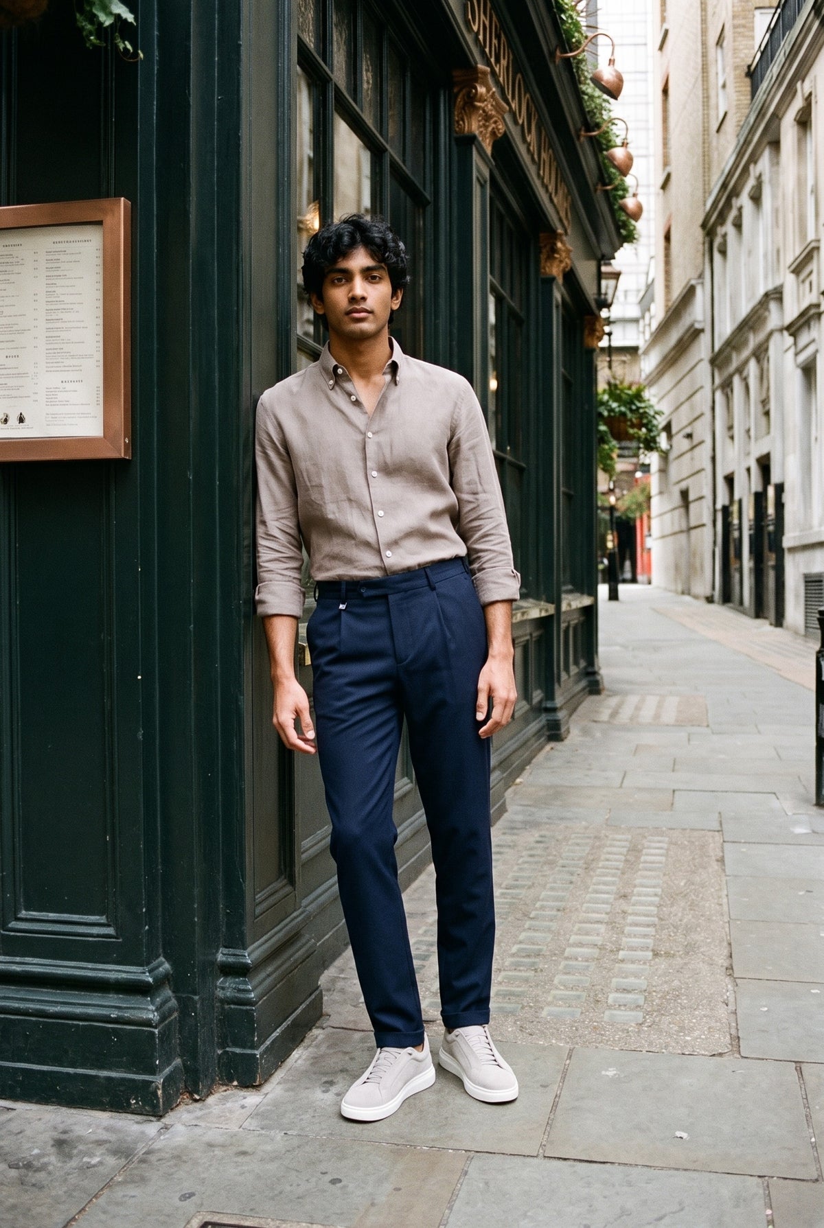 Look #1017 styled with Herre lysebrun skjorte i ren hør med lange ærmer og knaplukning i sommerstil