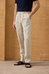 Herre beige hør smart casual 2-delt jakkesæt med lynlås foran safari-stil sommer