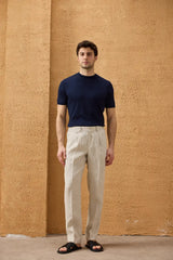 Herre beige hør smart casual 2-delt jakkesæt med lynlås foran safari-stil sommer