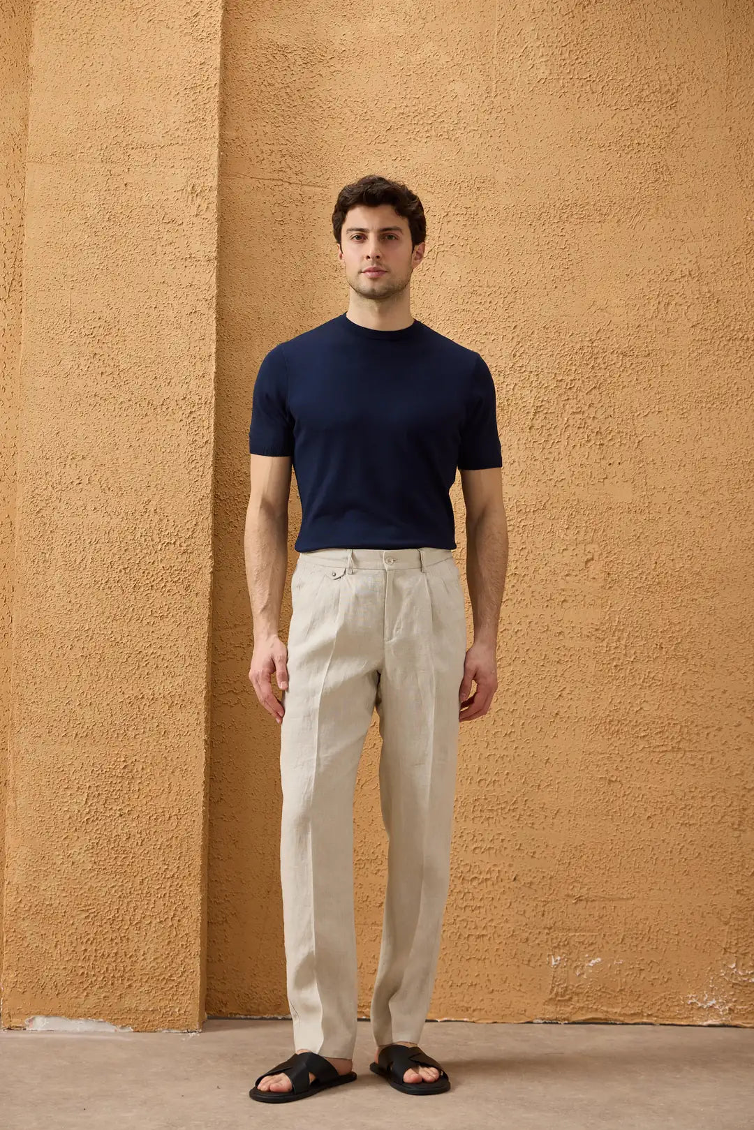 Herre beige hør smart casual 2-delt jakkesæt med lynlås foran safari-stil sommer