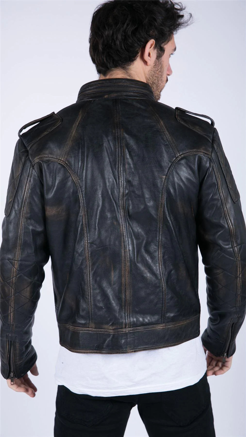Mens Retro Real Leather Black Brown Washed Racer Jacket Biker Zipped Slim