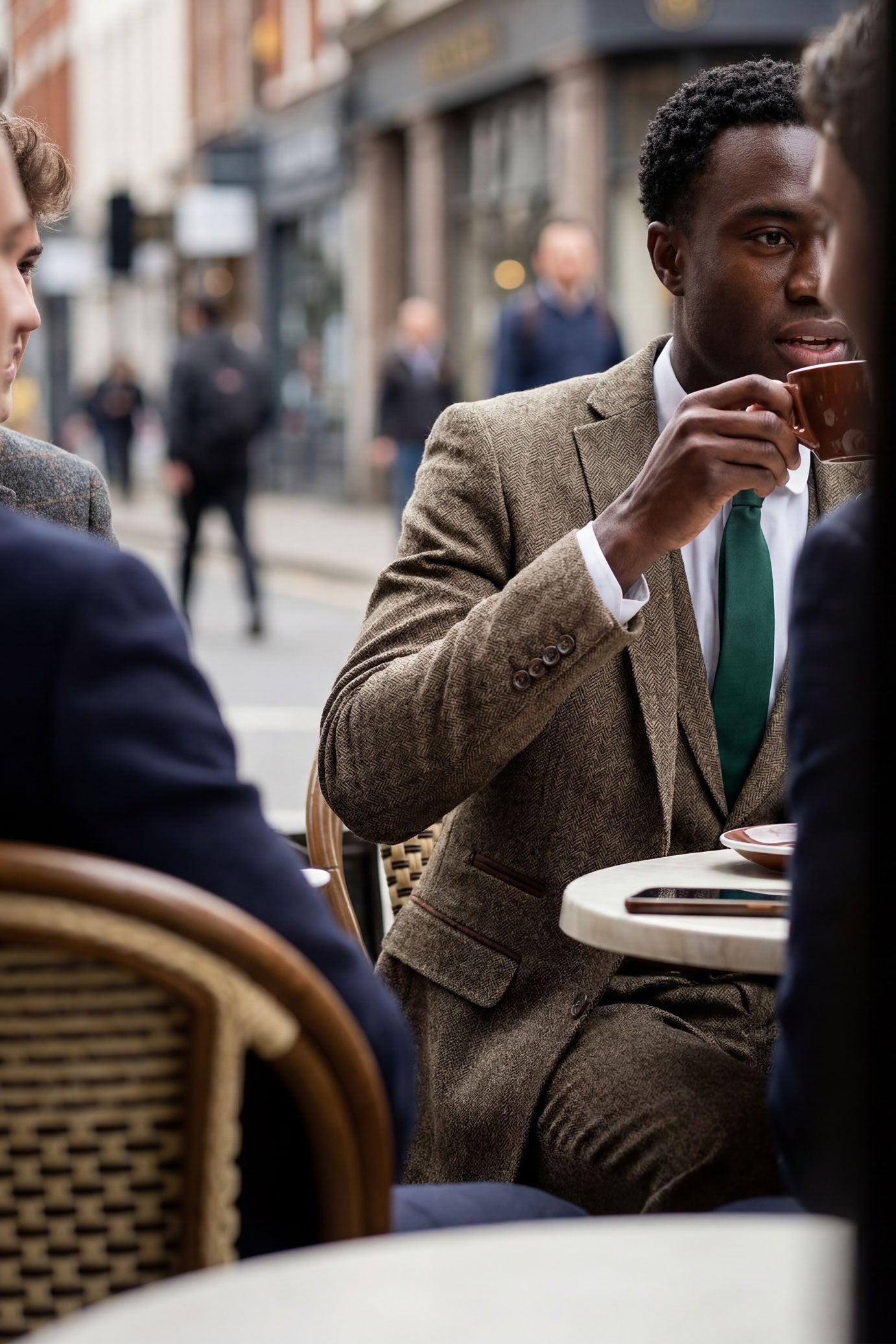 Egebrun sildebensfarvet tweed 3-delt jakkesæt