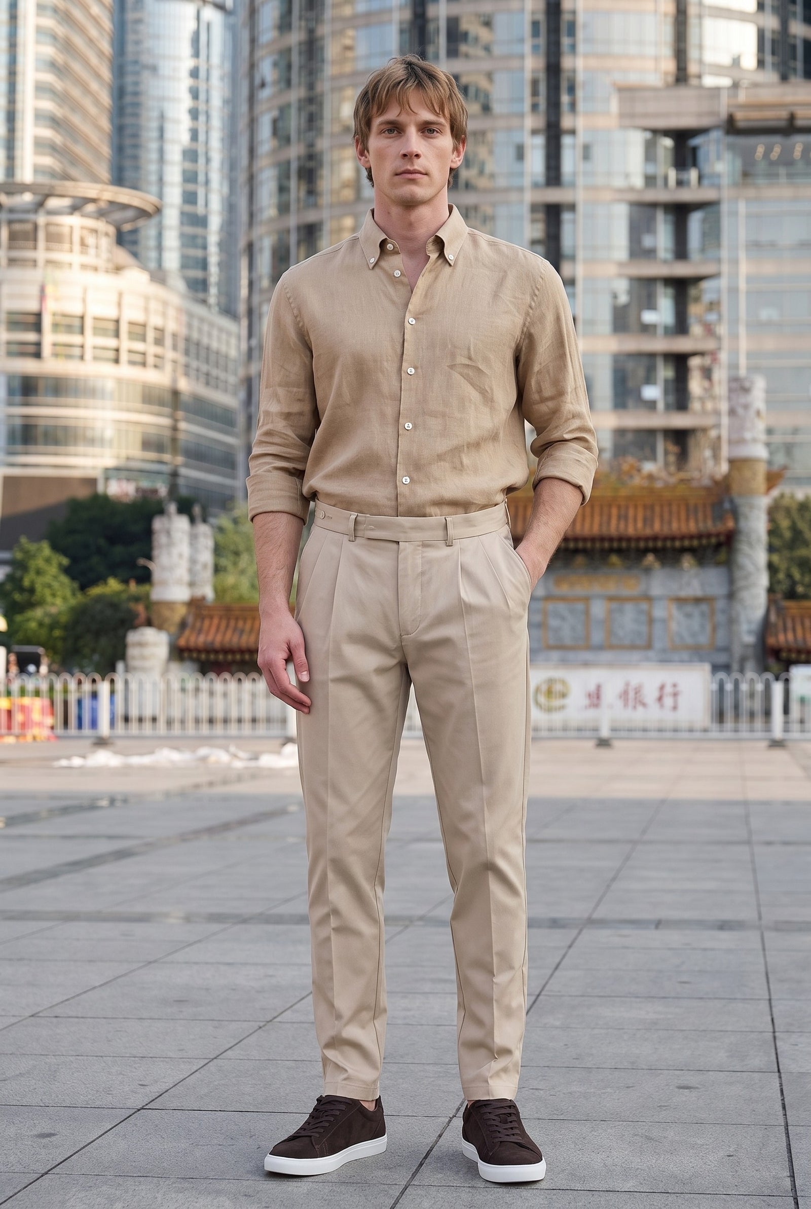Look #1022 styled with Herre kamelbrun skjorte i ren hør med lange ærmer og knaplukning til sommer