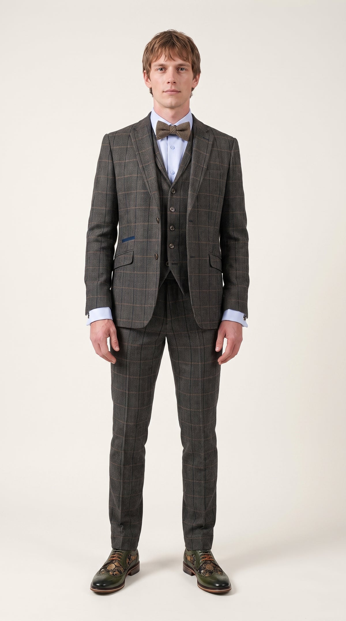 Look #330 styled with Cavani Albert - Herresæt med sildebensmønster i tweed med 3 dele - Trækul