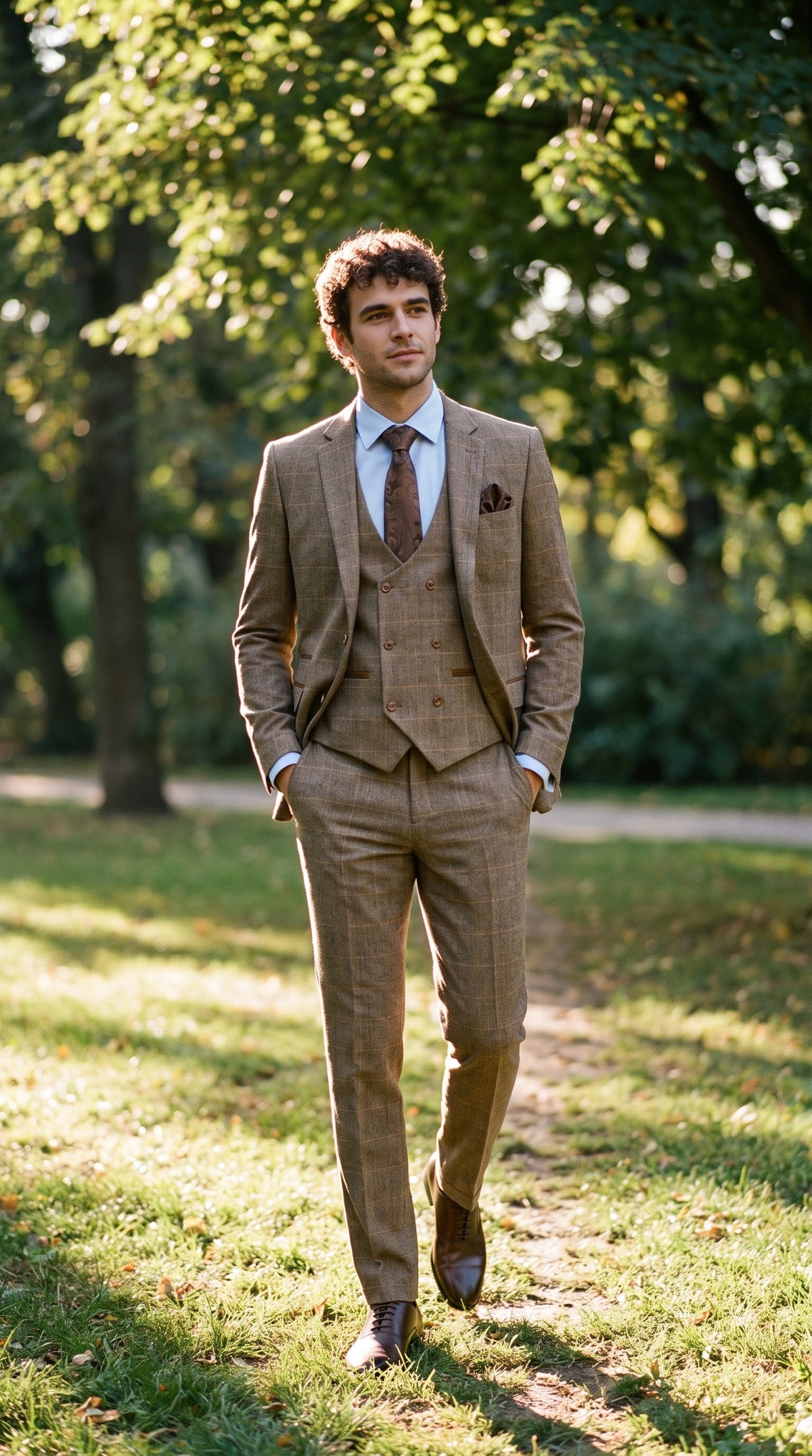 Look #343 styled with Herre 3-delt sildebensmønster i tweed med brunt ternet jakkesæt, skræddersyet pasform, dobbelt klassisk