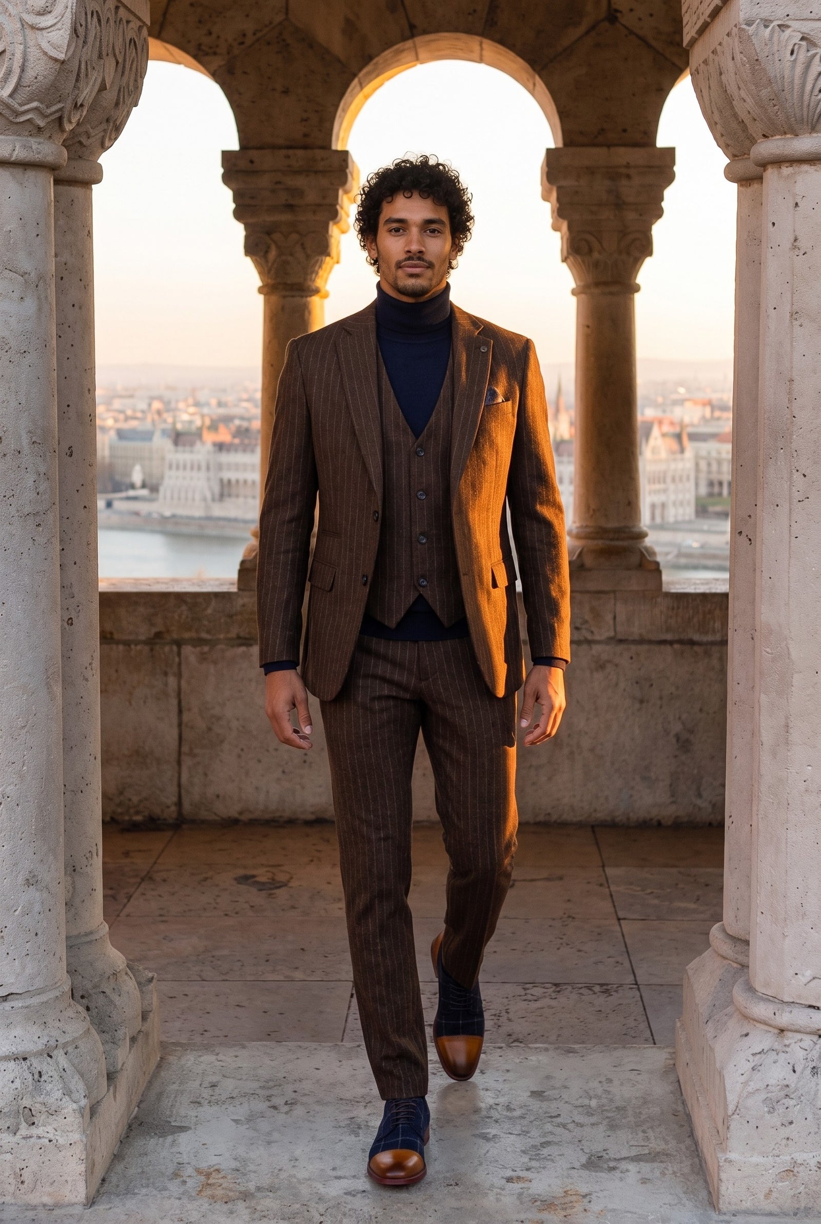 Look #959 styled with Herre brunt nålestribet slim fit 3-delt jakkesæt