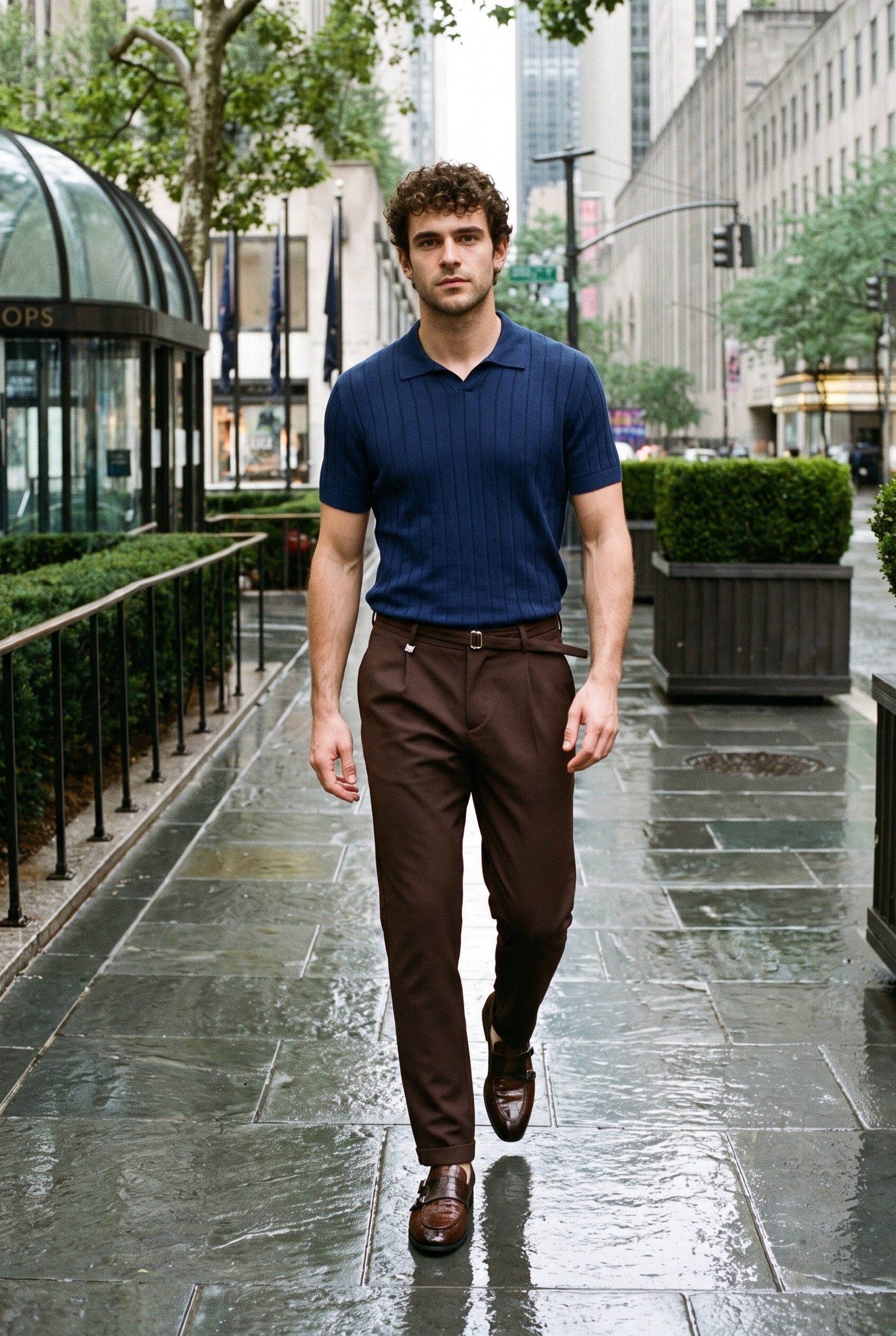 Look #907 styled with Herre marineblå ribbet poloshirt i strik