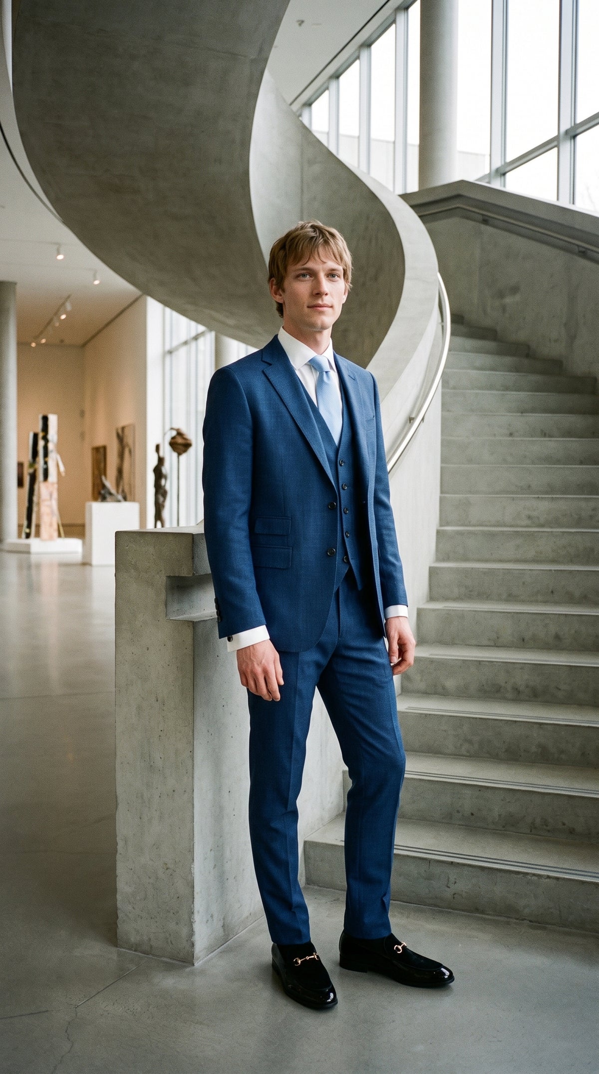 Look #842 styled with Herre blå sommerjakkesæt i linned