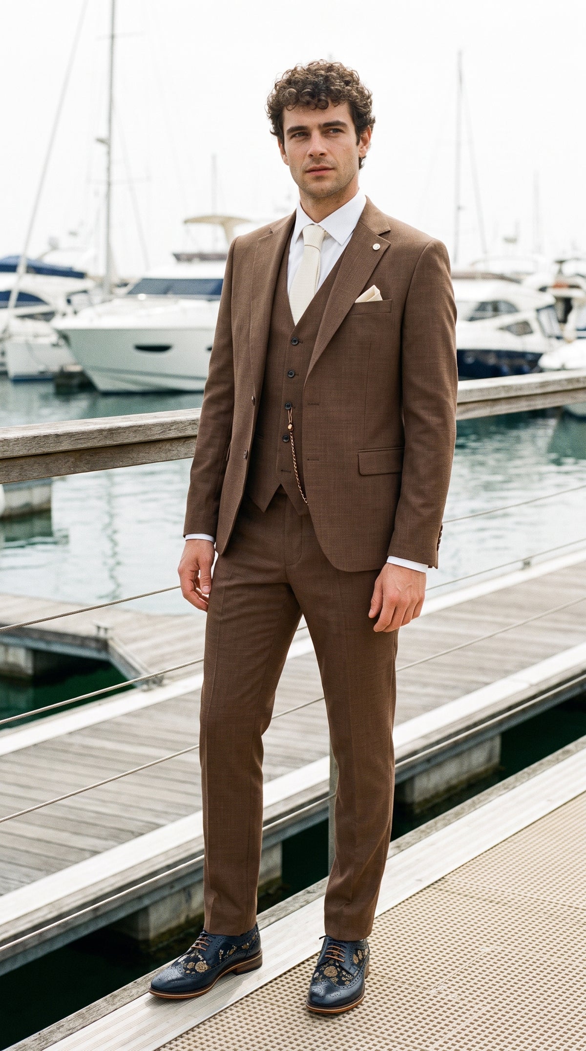 Look #307 styled with James Herre 3-delt Ensfarvet Brunt Habitat med Klassisk Pasform