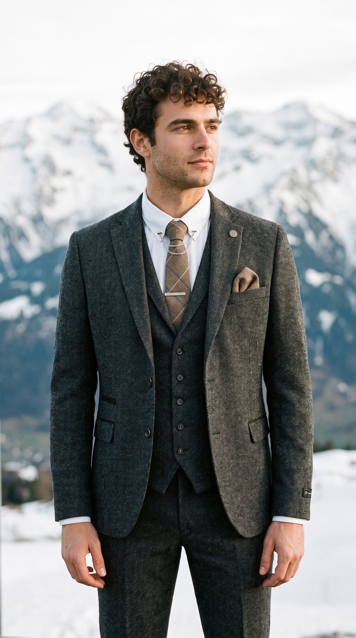 Look #637 styled with Herredragt i trækulsgråt 3-delt tweed-sildebensmønster - STZ11