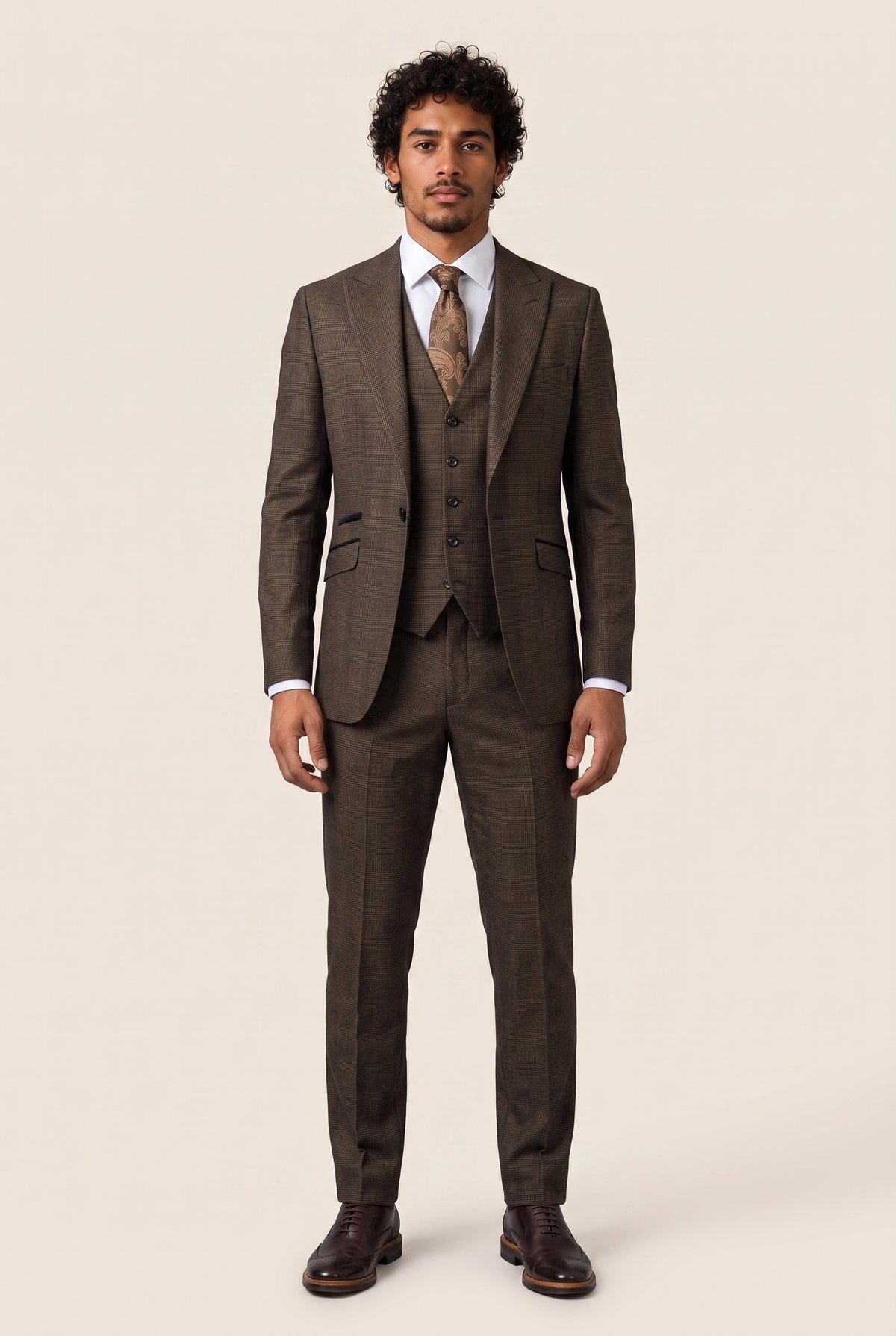 Look #1004 styled with Herre 3-delt ternet jakkesæt i tweed, sort brun, skræddersyet pasform, bryllup, peaky classic