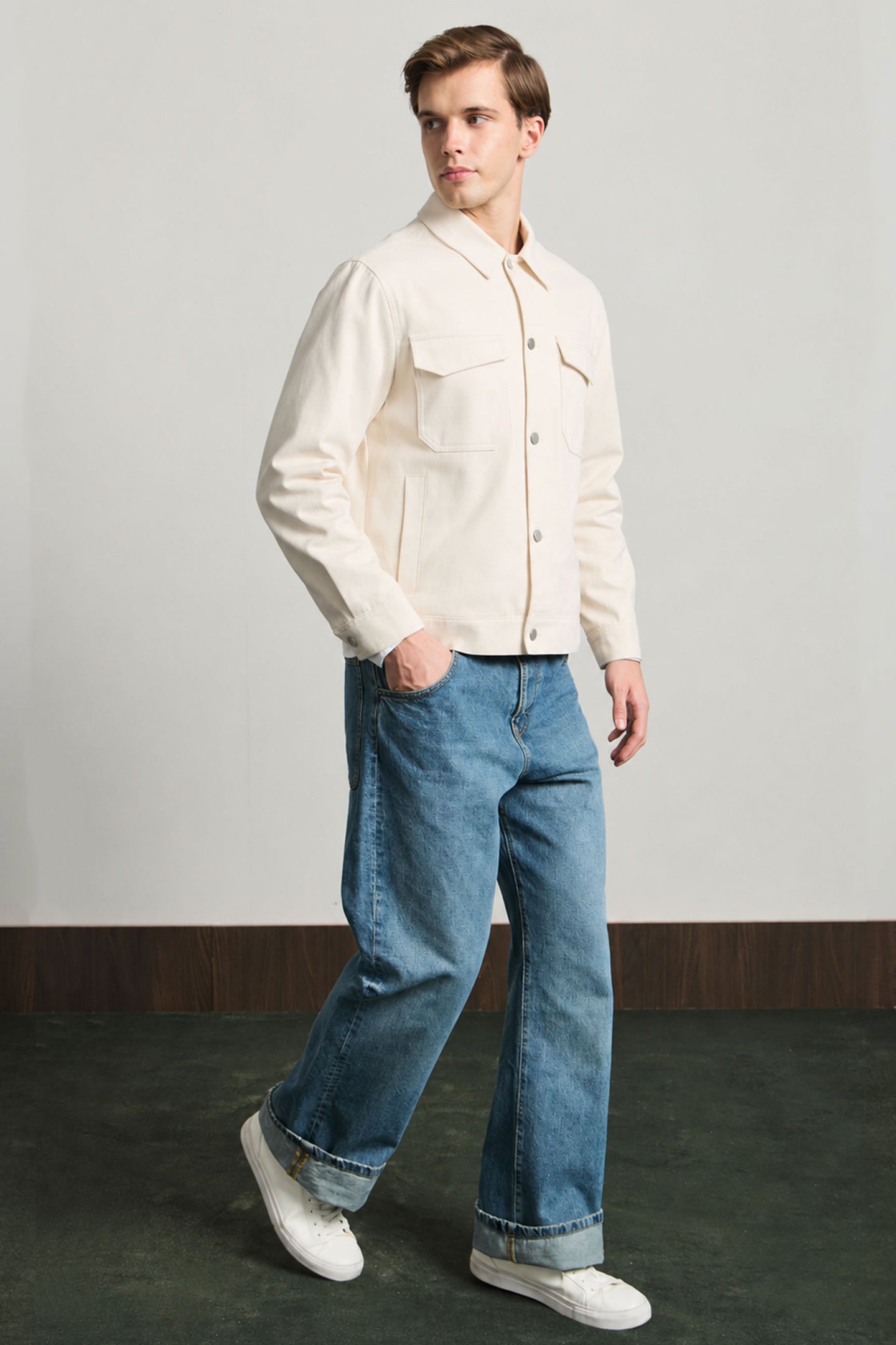 Herre beige bomuldstwilljakke - Trucker Overshirt