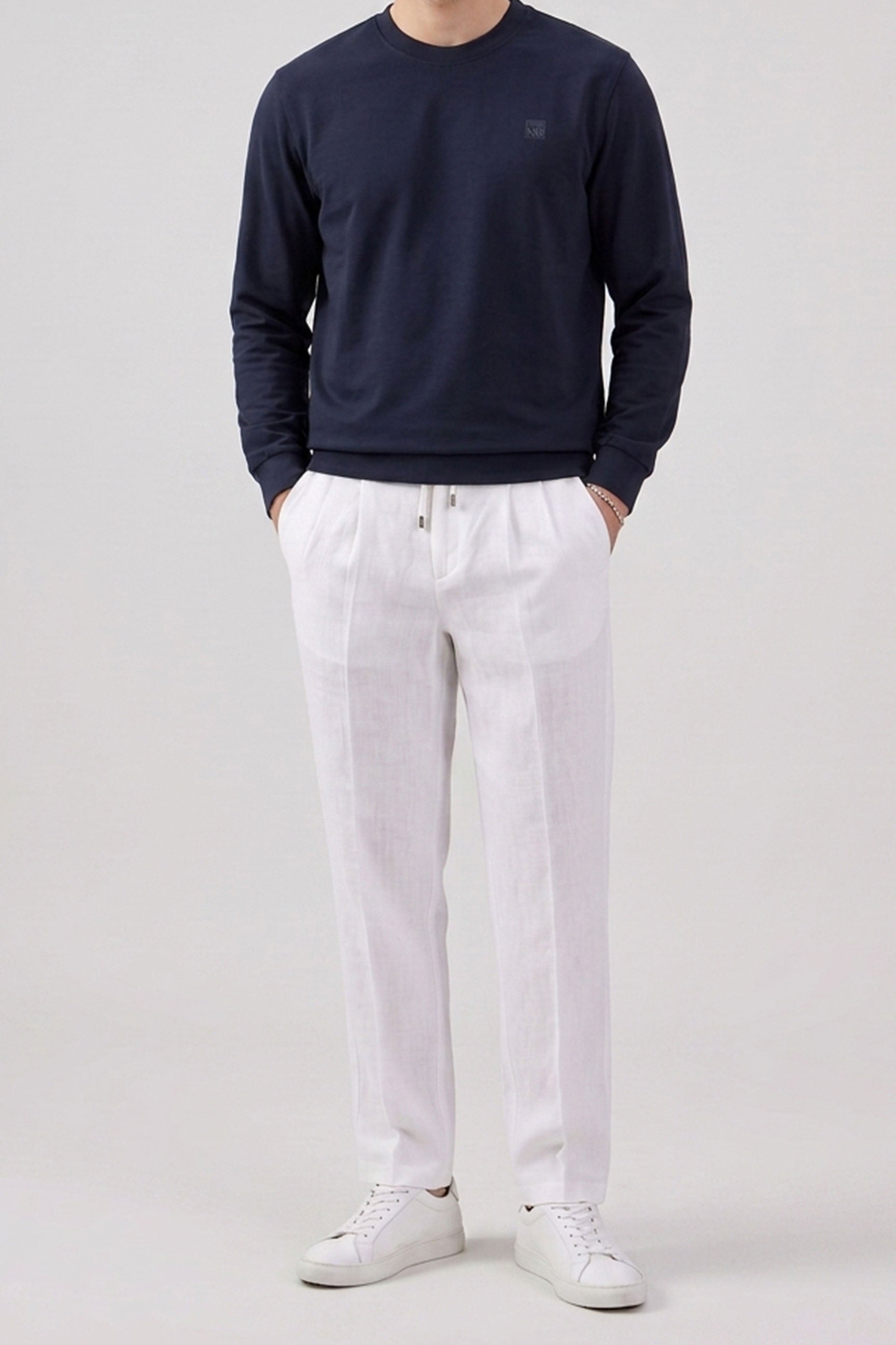 Herre marineblå sweatshirt med rund hals og lange ærmer i bomuldsblanding, stretchpullover