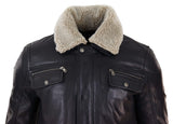 Mens Black brown Real Leather Jacket Sheepskin Collar Short Zip Button - Black